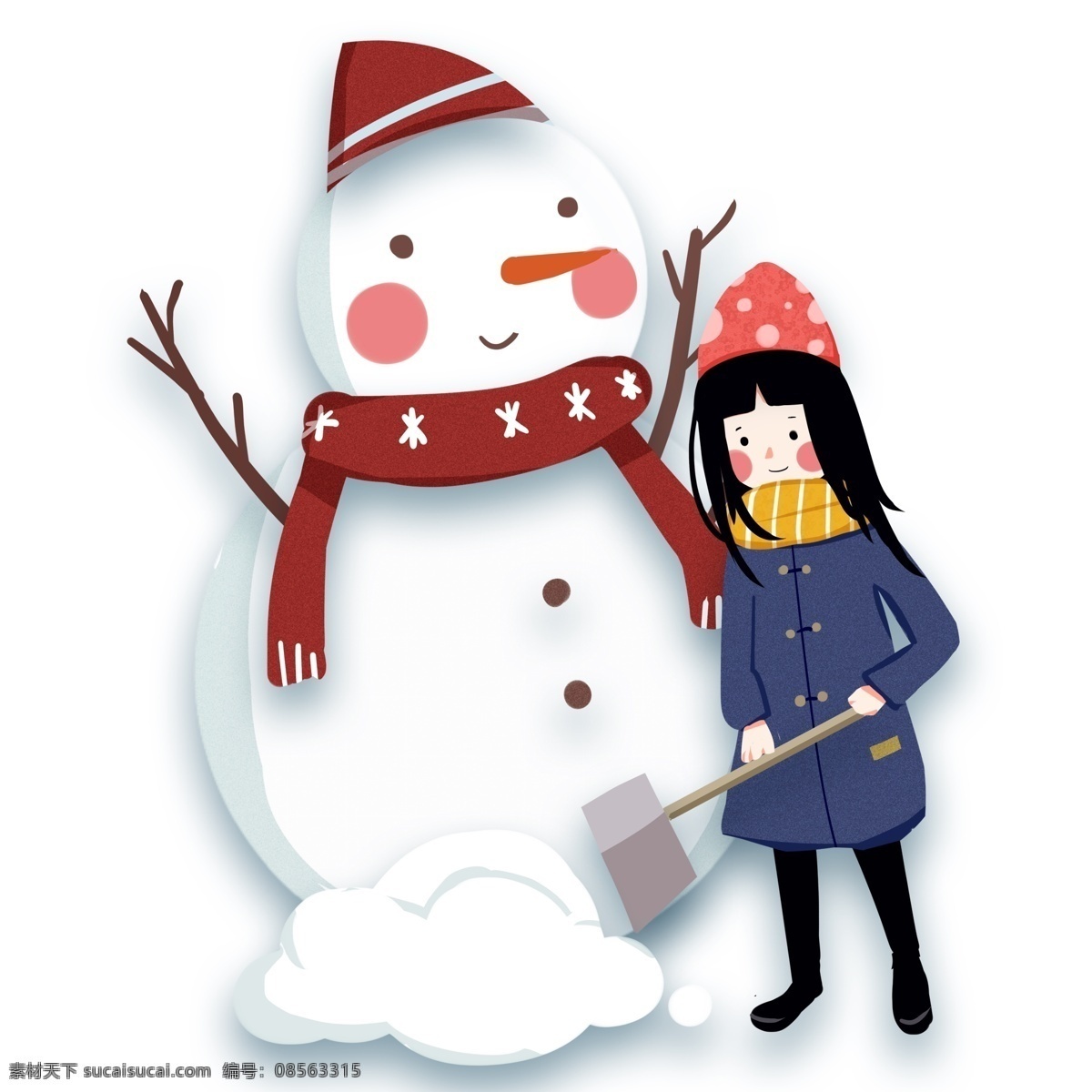 手绘 可爱 女孩 铲 雪堆 雪人 原创 元素 冬季 帽子 设计元素 铲雪 围巾 原创元素