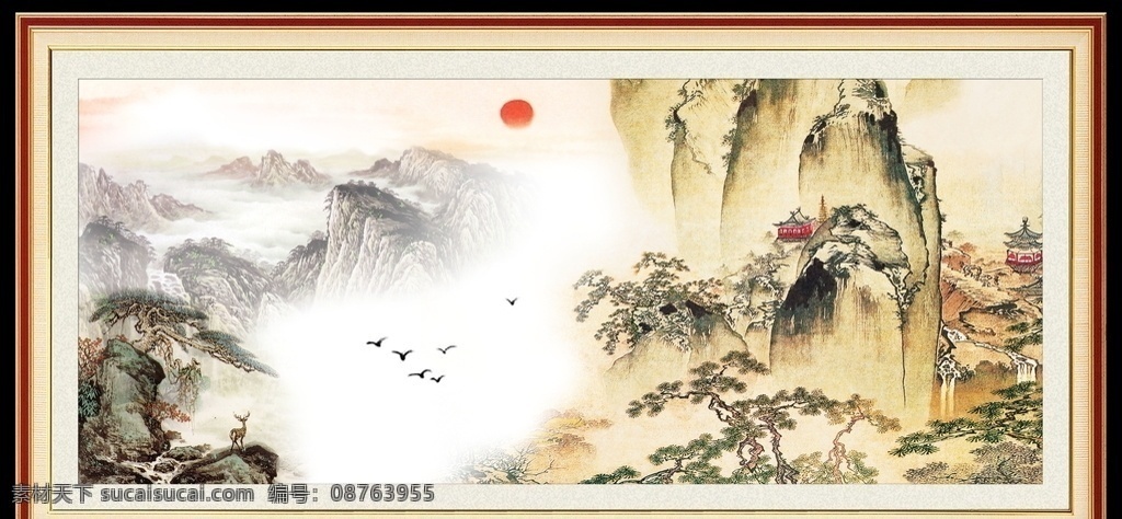 迎客松水墨画 水墨 画 山水 迎客松 玄关 屏风 背景 底纹 框画 分层 风景