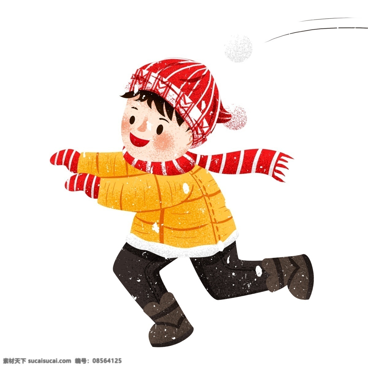 卡通 大雪 中 奔跑 男孩 人物 插画 冬季 手绘