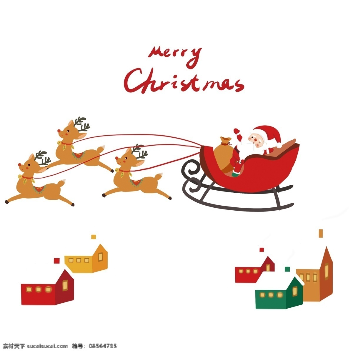 圣诞老人 飞奔 麋鹿 圣诞节 雪橇车 麋鹿们 房子 英文 旋律 绳子 大红色 卡通 手绘 开心 冬季 黄色 绿色