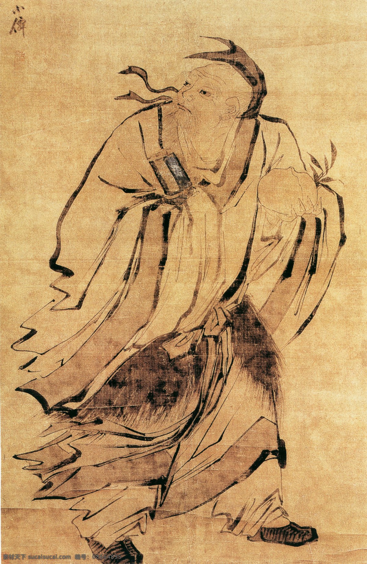 东方朔偷桃图 吴伟 设计素材 人物名画 古典藏画 书画美术 黄色