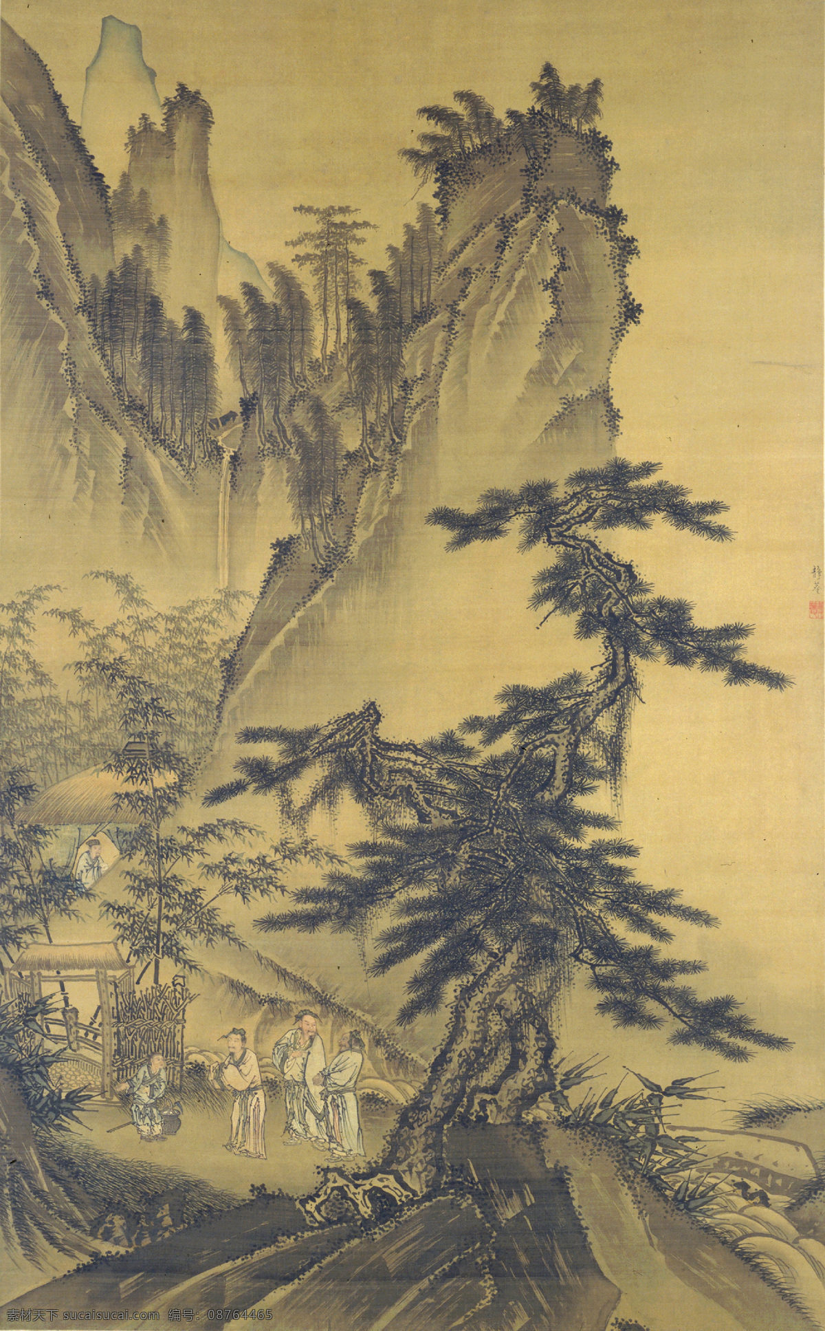 三顾草庐图 古画 山石 野草 山竹 松树 杂树 山峦 山峰 瀑布 小桥 流水 村落 屋宇 草庐 篱笆 厅堂 三国 诸葛亮 孔明 刘备 关羽 张飞 书僮 古典 国画 明代 戴进 工笔 人物 山水 名家工笔画 绘画书法 文化艺术