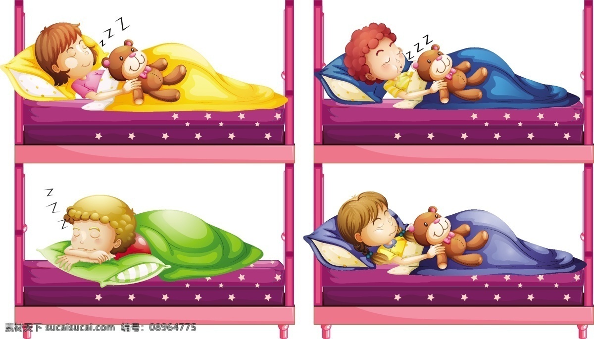 四 孩子 睡 床 插图 儿童 学生 艺术 男孩 绘画 睡眠