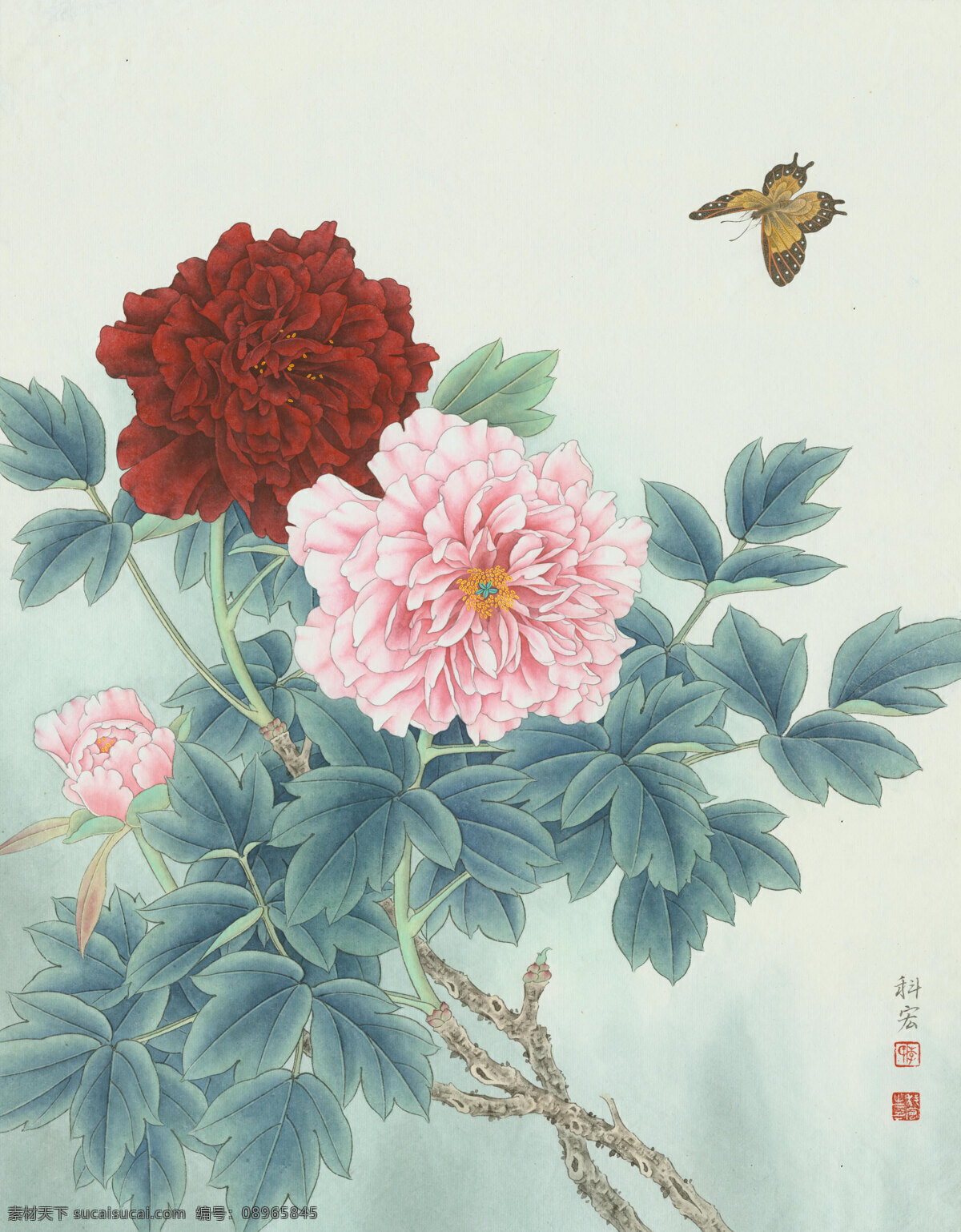 花开富贵 工笔花鸟画 牡丹图 牡丹迎春图 蝴蝶牡丹图 工笔画 文化艺术 绘画书法