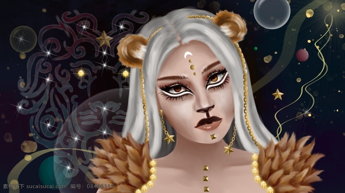 星座 宇宙 魔幻 星辰 气泡 浩瀚 狮子座 女神 插画 可爱 清新 朋友圈配图 手机壁纸 电脑壁纸 插图 配图 微博配图 公众号配图 文章配图 原创 手绘 狮子耳朵 绸带