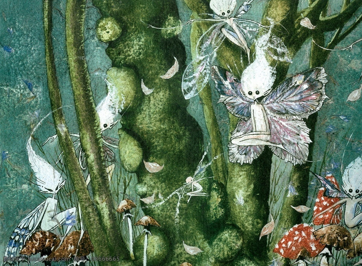 插画 插图 翅膀 动漫 绘画书法 精灵 蘑菇 欧洲 薄雾中的精灵 薄雾 树枝 树 叶子 妖怪 神话 童话 文化艺术 插画集