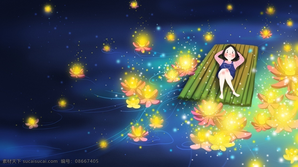 处暑 二十四节气 河 灯 女孩 夜色 插画 国风 清新 梦幻 二十四 节气 河灯 传统节日