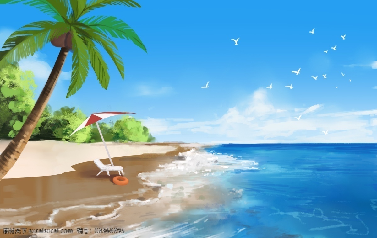 碧海沙滩插画 唯美 海边 风 阳光 蓝色 蓝天碧海 清新 海鸥 海滩 夏天 沙滩 棕树 景色 插画 小清新 大自然 大海 风景 碧海沙滩图片 夏日专辑 动漫动画 风景漫画