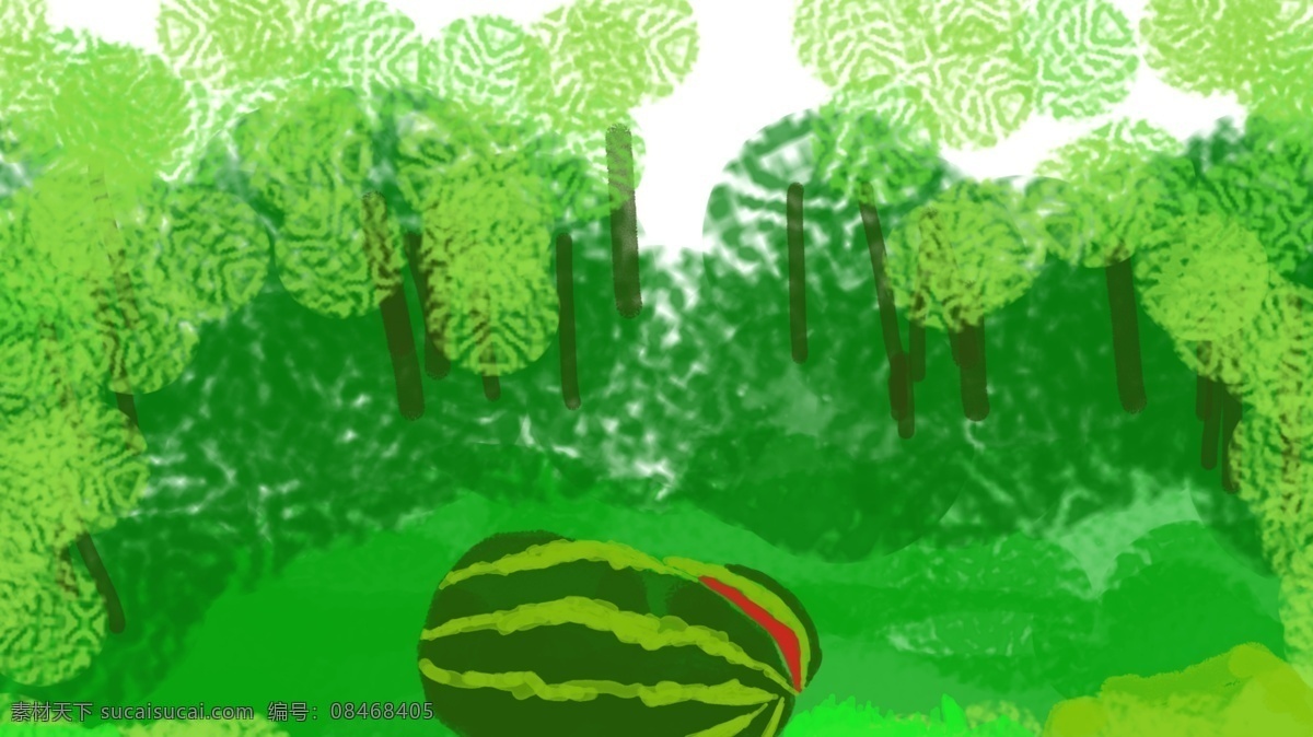 小暑 大暑 西瓜地 里 插画 背景 绿色 草地 卡通背景 背景图 夏天 西瓜 凉快 清爽 西瓜地里 创意 banner 清新背景 背景设计