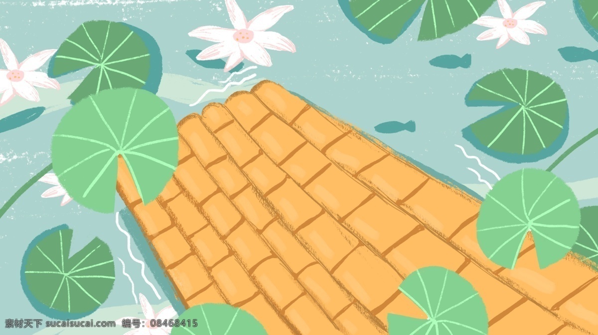 清新 手绘 荷塘 竹筏 广告 背景 广告背景 荷花 波浪 花朵 湖水