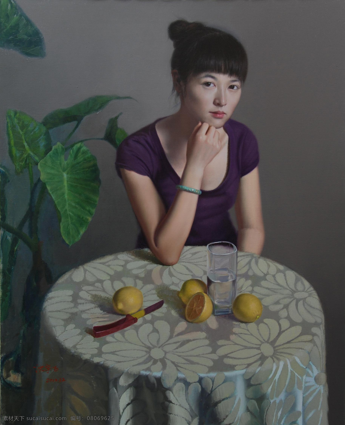 杯子 玻璃杯 服装 妇女 挂画 绘画 绘画书法 美女 油画人物 人物油画 油画 艺术 油画作品 大师作品 当代 艺术家 作品 名画 世界名画 女人 妇人 东方油画 衣服 女装 桌子 柠檬 小刀 文化艺术 家居装饰素材