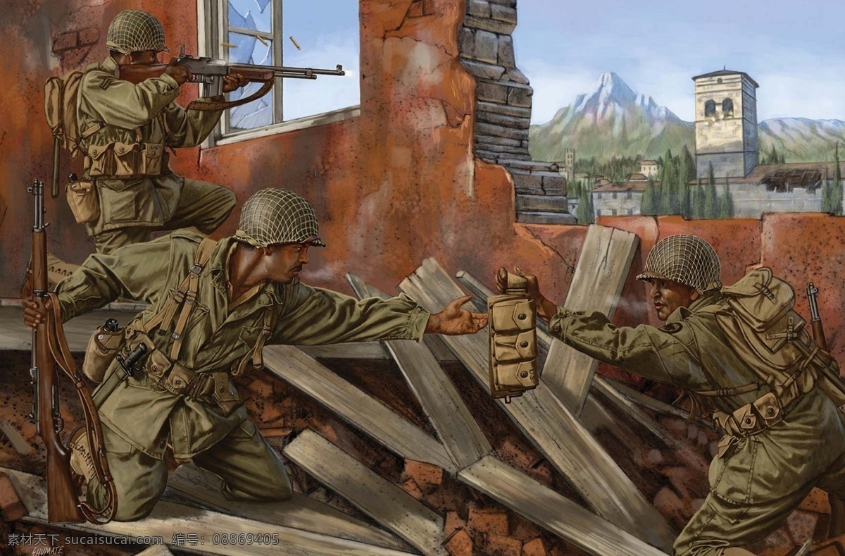 战争油画 战争绘画 美军 二战 战争画 插画 军事 题材 废墟 绘画书法 文化艺术