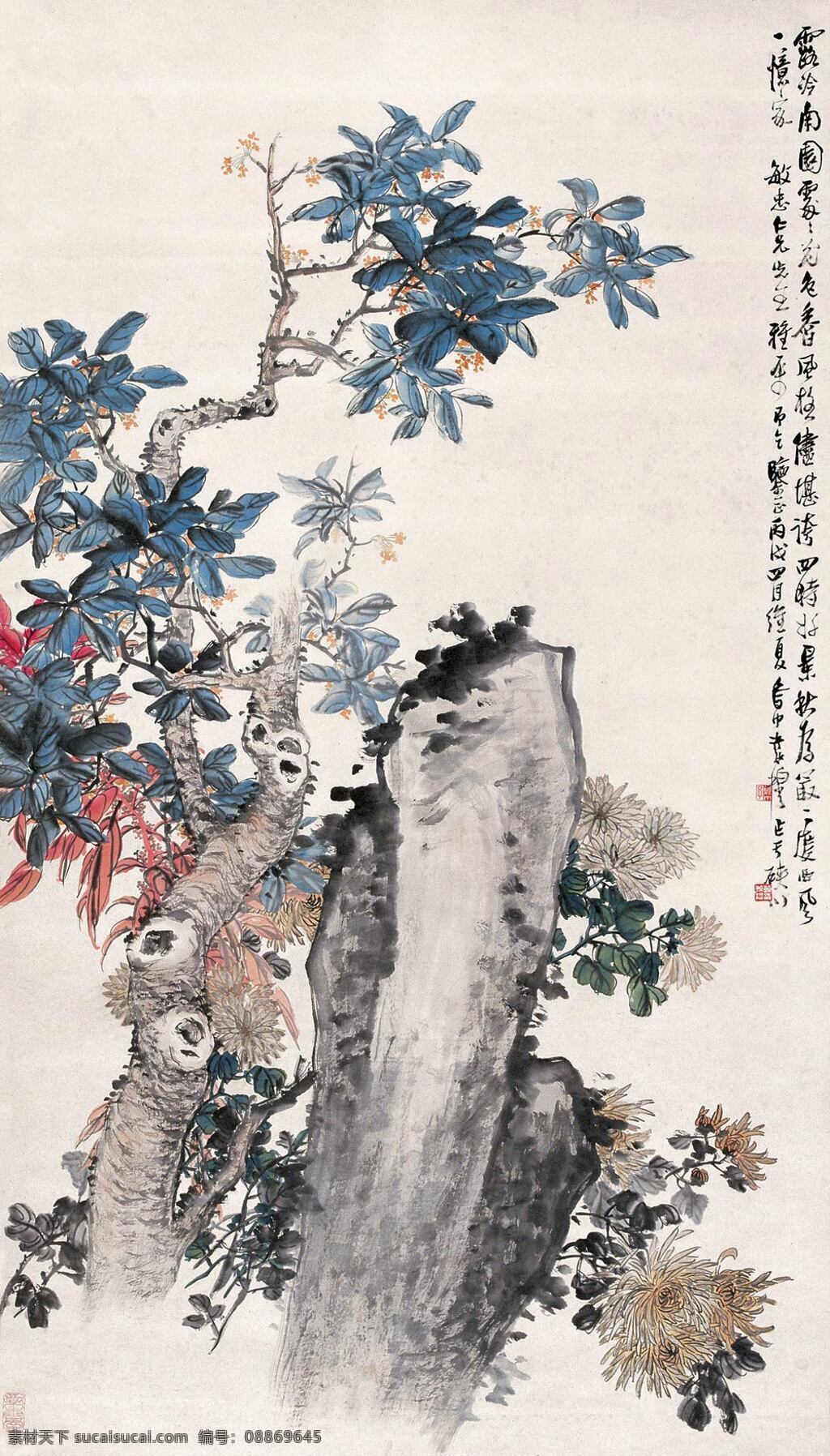 南园 秋色 刺绣 菊花 山石 中国画 立轴 工笔花卉画 乔木 许孙穆作品 工艺美术 平面广告 装饰设计 装饰素材 室内装饰用图