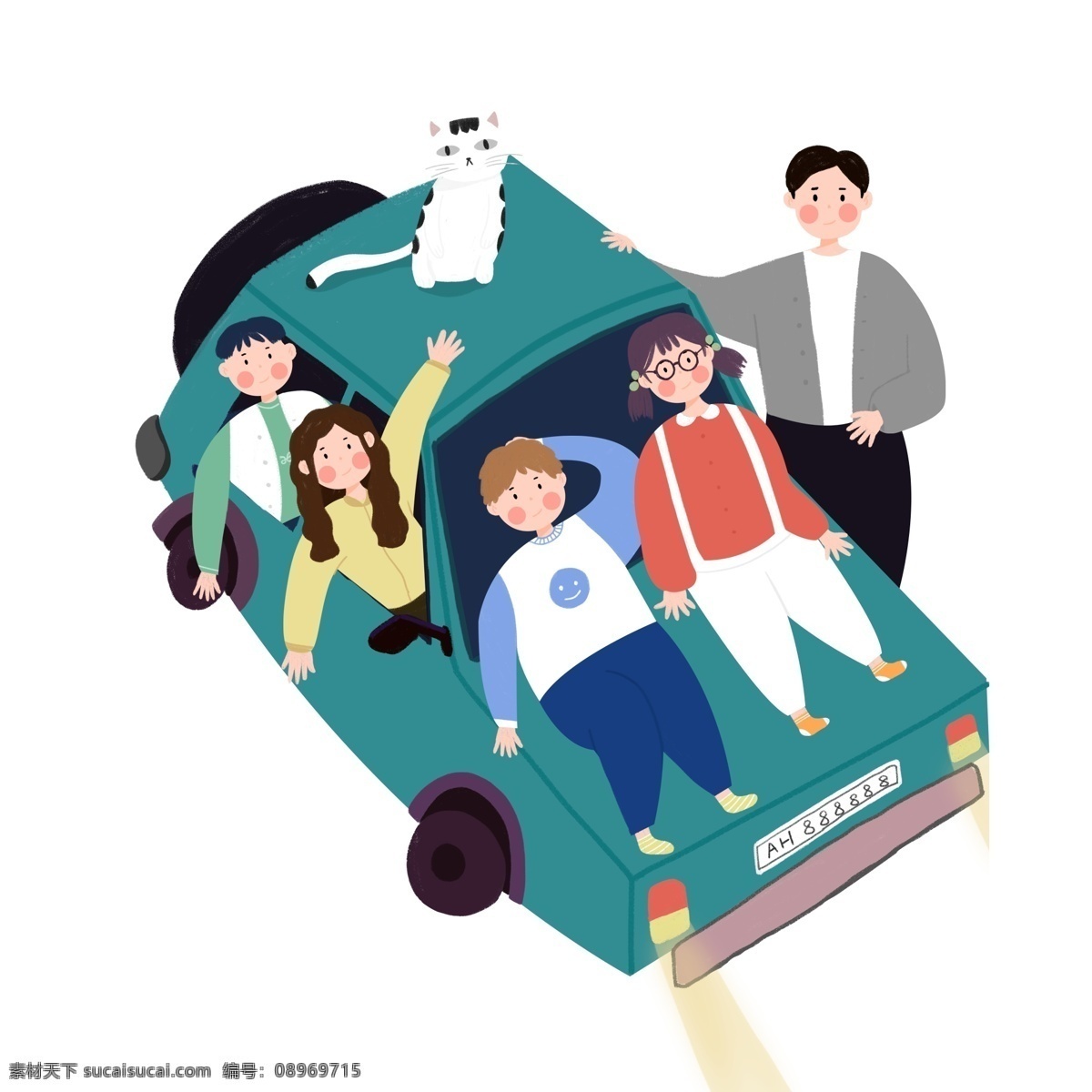 卡通 小 清新 儿童 出游 商用 元素 小清新 插画 旅游 女孩 车子 男孩 猫咪