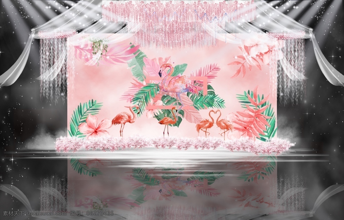 粉色 火烈鸟 梦幻 效果图 纱幔 灯光 花艺 唯美 纱顶