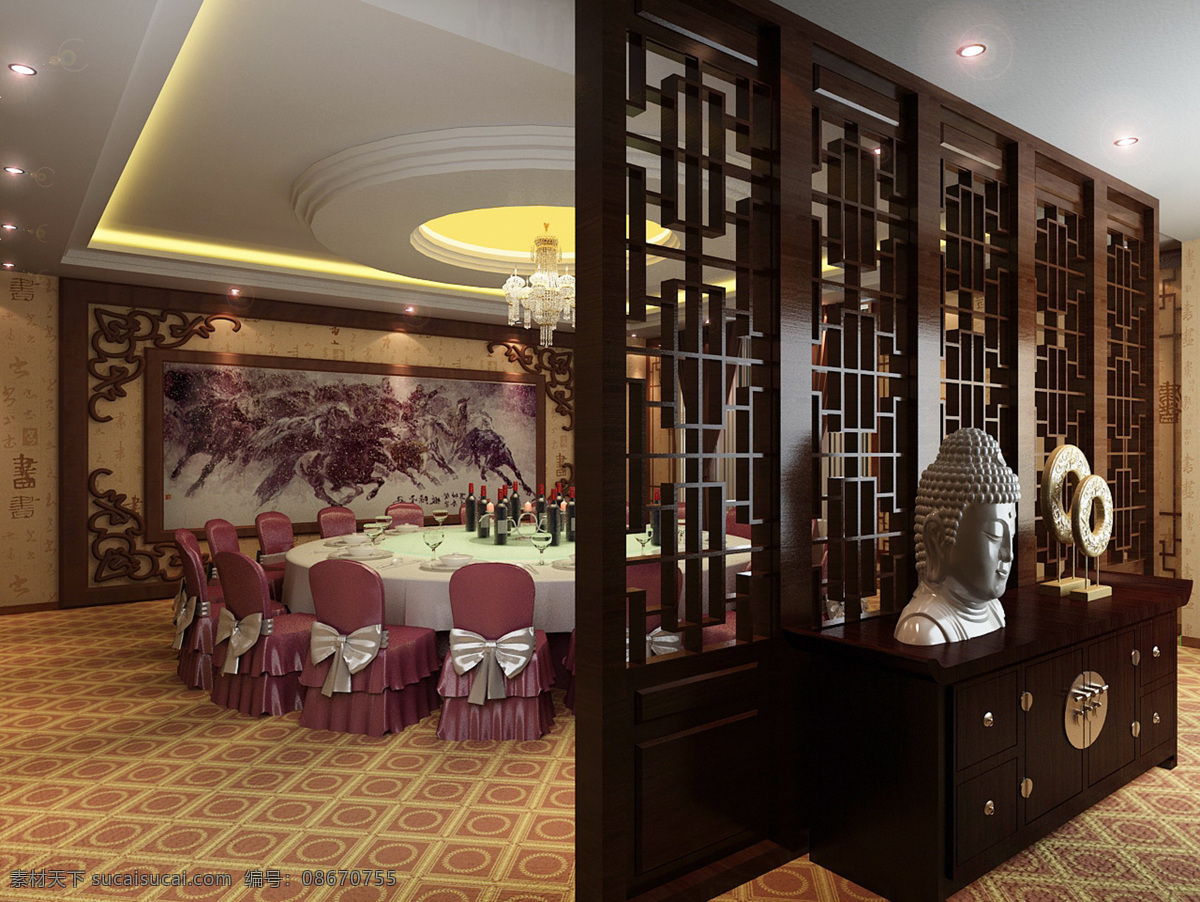 酒店 大包 间 效果图 中式 吊顶 玄关隔断 地毯 吊灯 中式花格 3d作品 3d设计