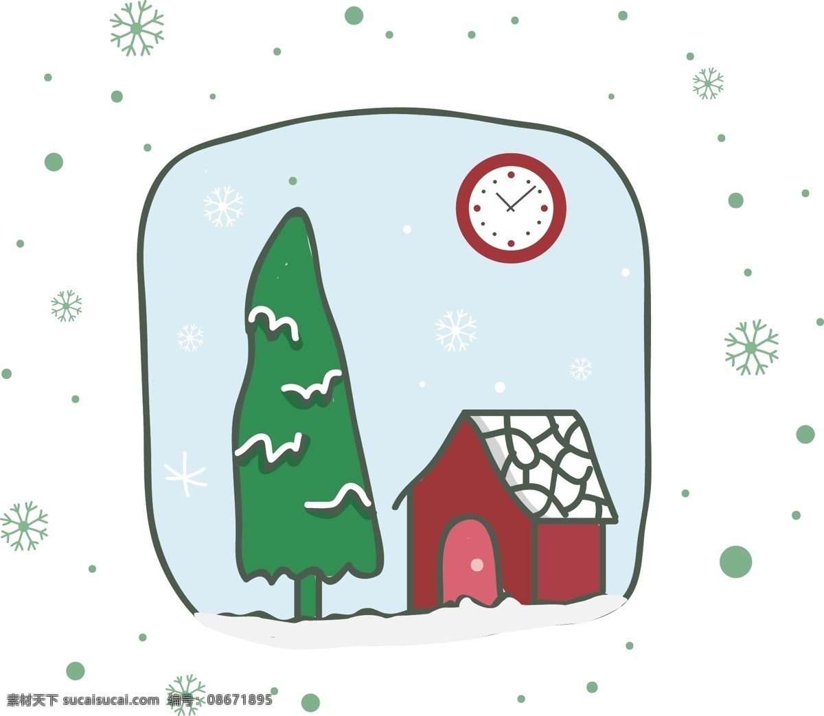 简约 创意 插画 圣诞 卡通 元素 房子 雪花 树