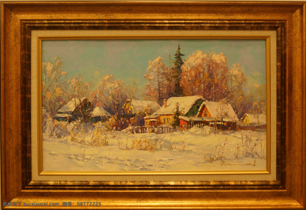 俄罗斯 风景 画框 绘画 绘画书法 美术绘画 木屋 农舍 雪景 设计素材 模板下载 农舍雪景 油画 树木 天空 文化艺术