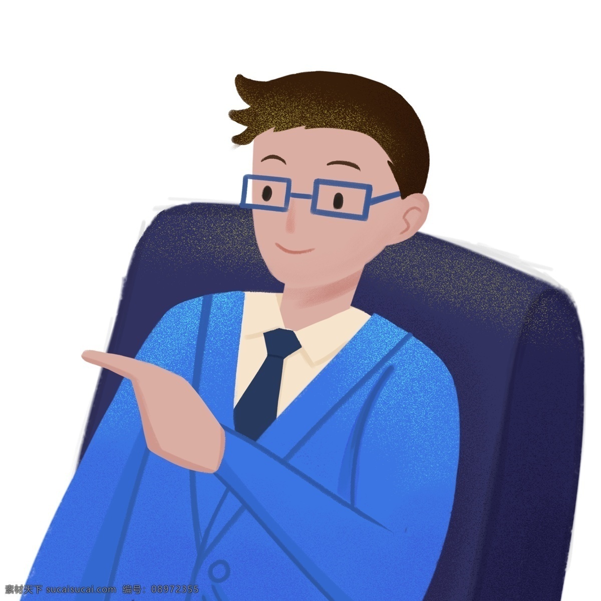 手绘 穿着 蓝色 西装 商务 男 扁平化 时尚 插画 人物 眼镜 办公 男性 蓝色西装 男士