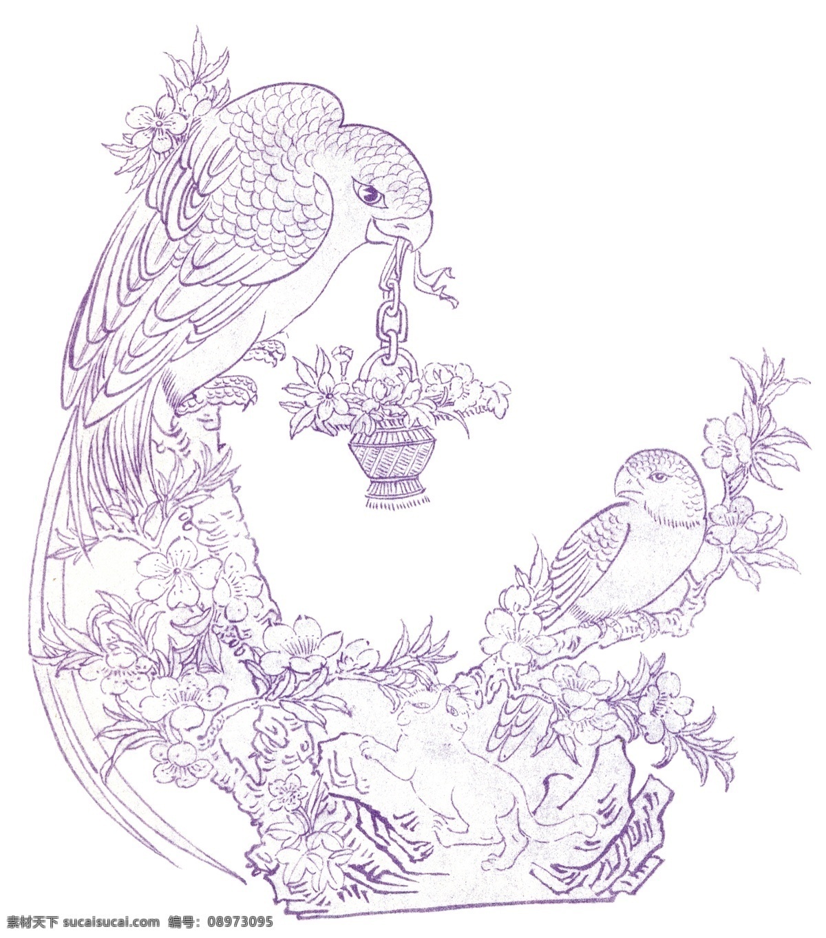 稀有 玉雕 花鸟 图稿 画画 古典 传统纹样 工笔 工艺 线描 白描 花纹 纹样 玉雕花鸟图稿 吉祥 花 鸟 鹦鹉 绘画书法 文化艺术