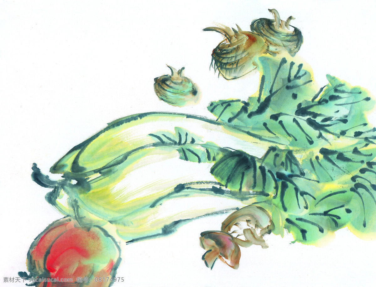 水墨画 篮子 蔬菜 鱼 中国风 中华艺术绘画 文化艺术