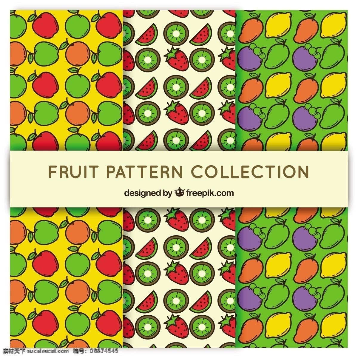 平面设计 颜色 水果 三 种 模式 设置 背景 图案 食物 夏天 热带 苹果 平板 装饰 丰富多彩 无缝的图案 自然 健康 平的设计 草莓