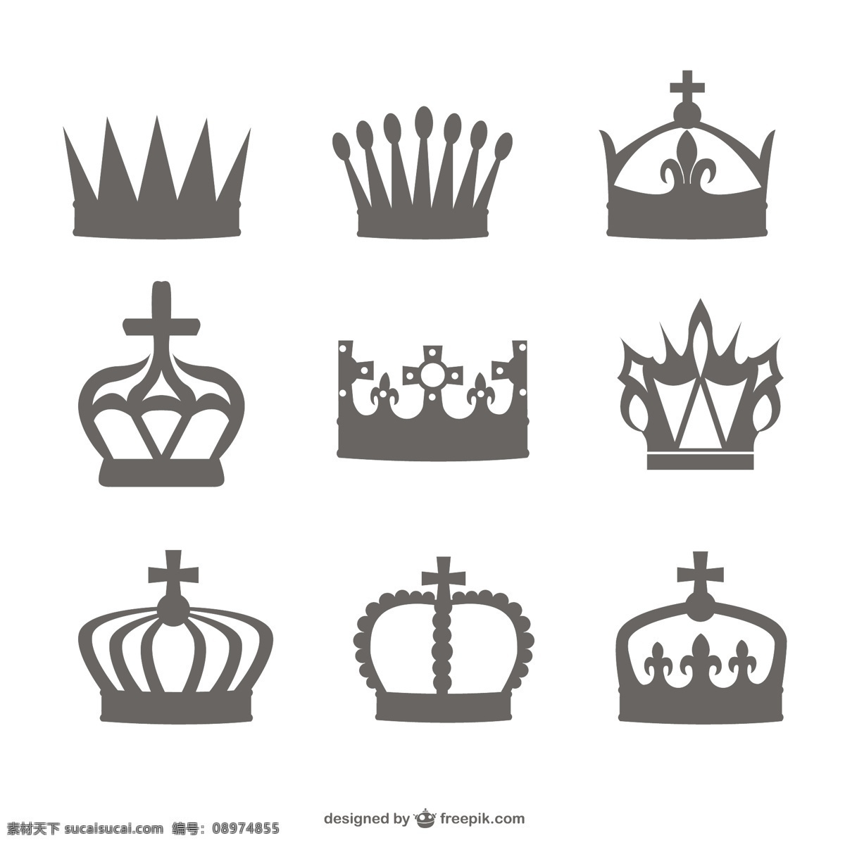 皇冠 黑色 轮廓 集 图标 徽章 按钮 模板 图形 布局 公主 优雅 平面设计 皇家 国王 元素 象形文字 设计元素 白色