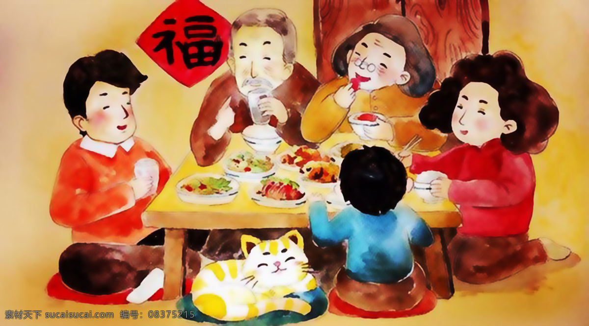 年夜饭手绘 团圆 过年 春节 新年 过大年 年夜饭 团圆饭 手绘 绘画 艺术绘画 文化艺术 绘画书法
