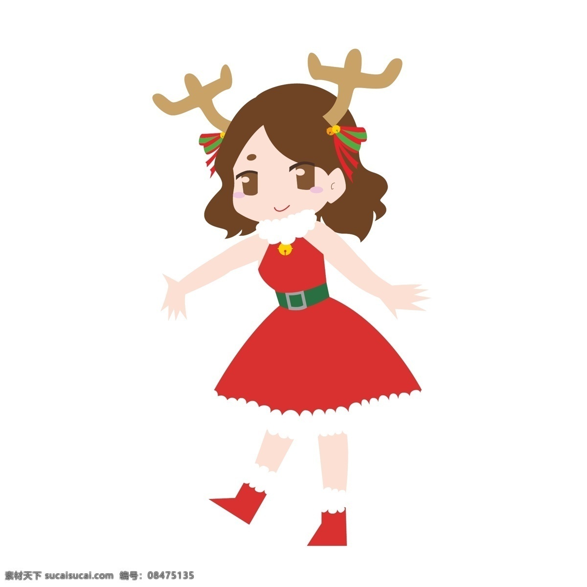 圣诞节 女孩 小鹿 q 版 元素 圣诞 圣诞夜 少女 红色 鹿角 可爱 手绘 矢量 腰带 毛领 绿色 裙子 靴子 短发