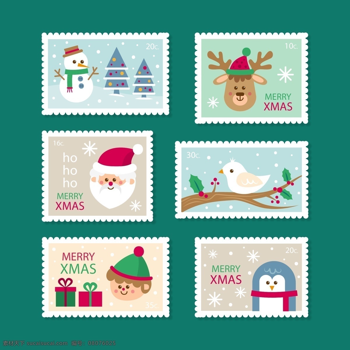 下雪 主题 圣诞 标签 礼物 雪花 圣诞节 矢量素材 圣诞老人 驯鹿 雪人 企鹅 邮票
