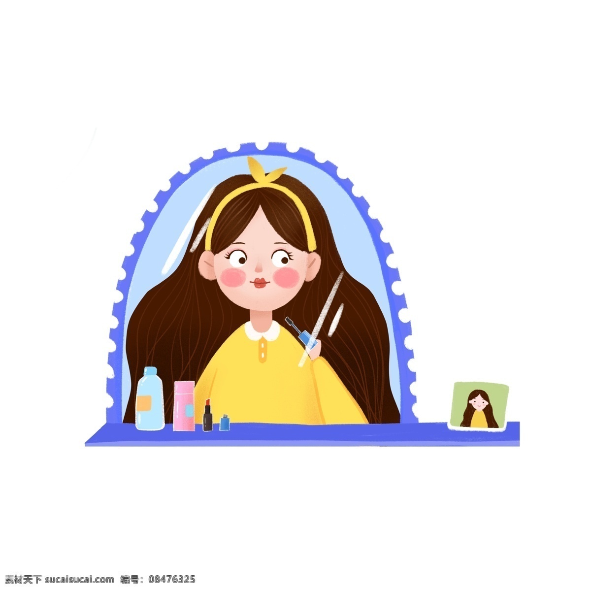 镜子 时 打扮 女生 卡通 元素 化妆