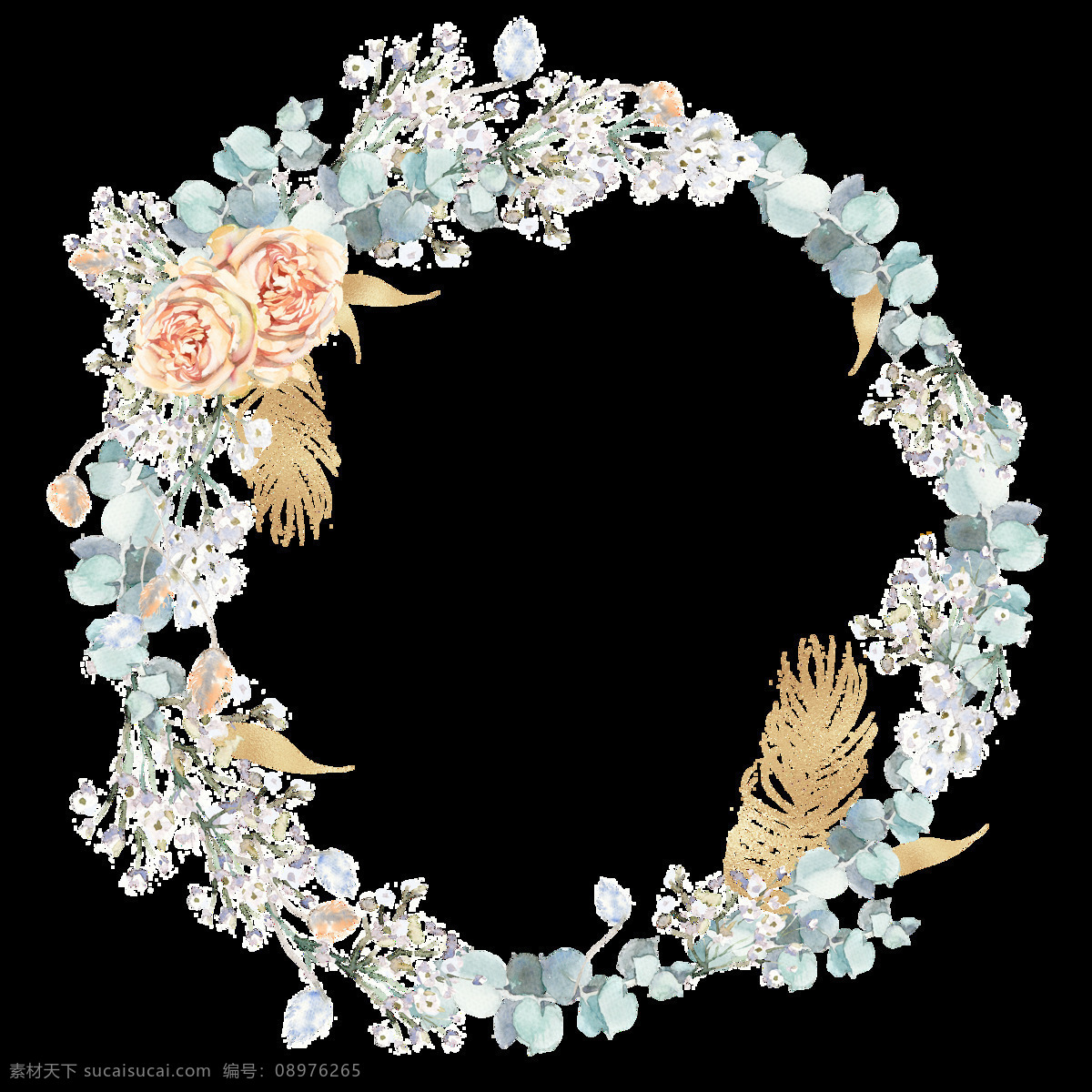 小 清新 碎花 透明 花环 婚礼贺卡花纹 橘色 绿色 免扣素材 透明素材 小碎叶 装饰图案
