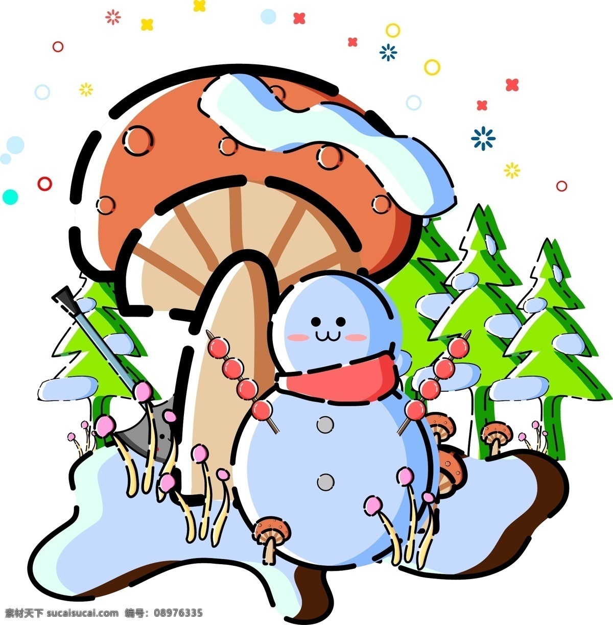 商用 矢量 mbe 风格 冬季 场景 元素 雪人 蘑菇 海报素材 mbe风格 冬季场景 雪树