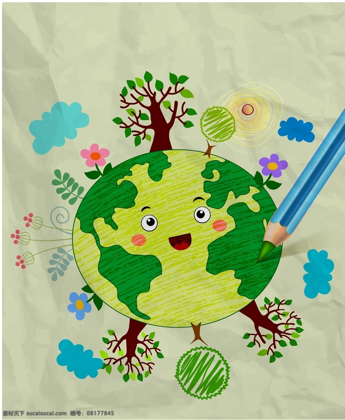 手绘 地球 绿色环保 儿童 插画 儿童插画 绿色 环保 手绘插画 爱护地球 树木 铅笔 手绘植物 花卉花朵