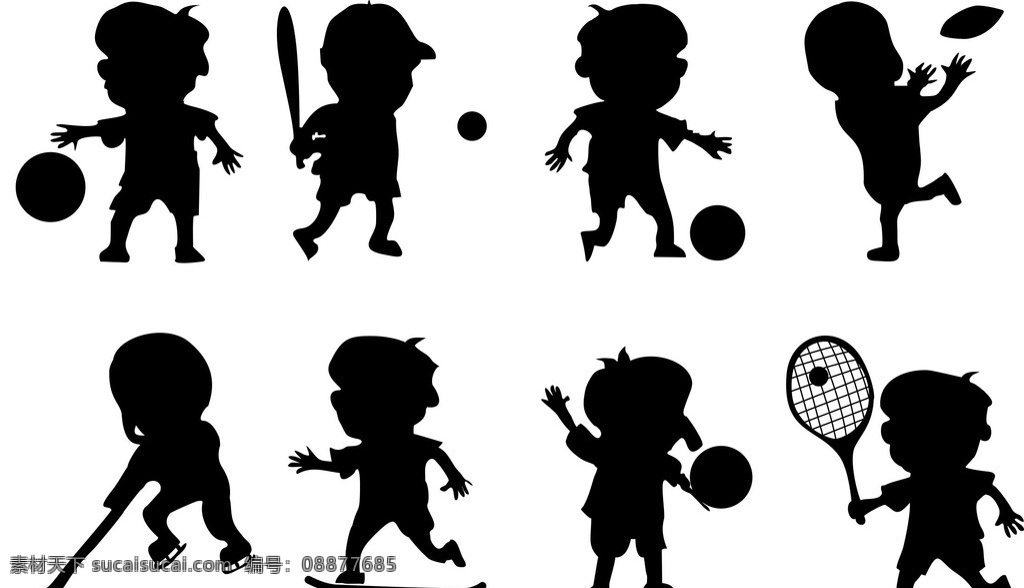 儿童剪影 儿童 小孩 剪影 矢量图 运动 体育 球 滑板
