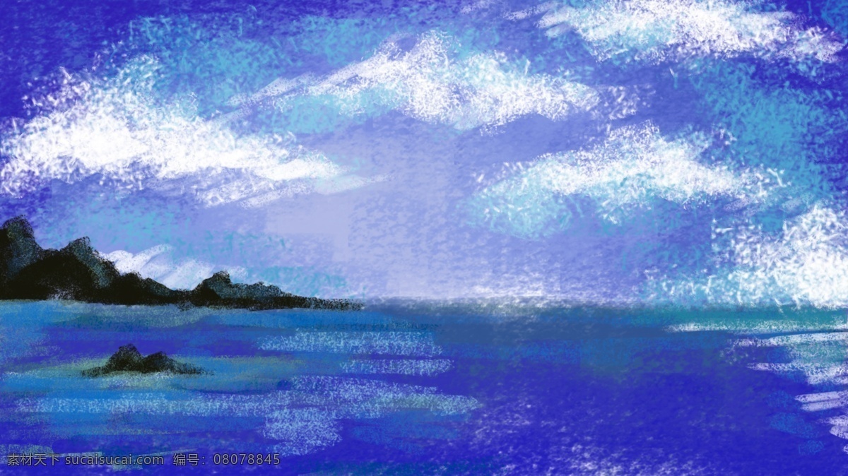 天空 远山 水面 蓝色 水彩 背景 卡通