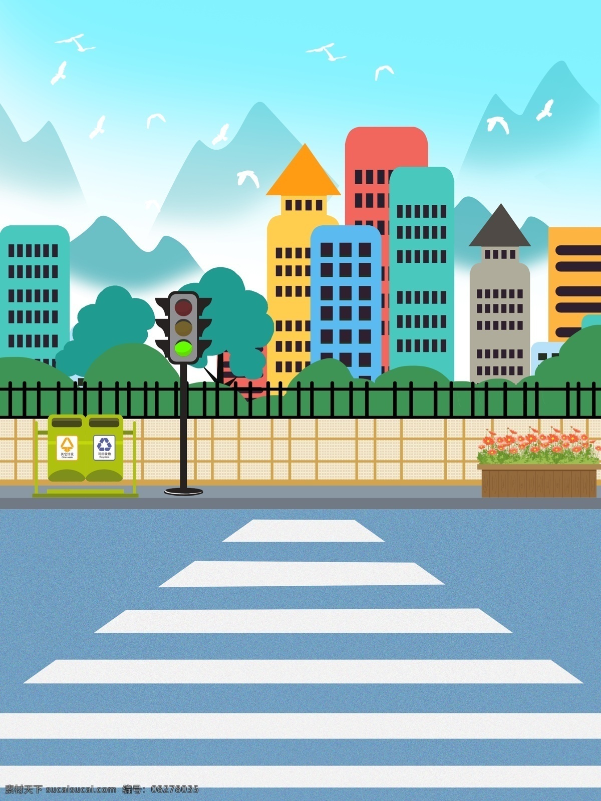 清新 城市交通 红绿灯 背景 建筑 高楼 城市 背景图 创意 交通规则 文明出行 斑马线 文明交通 广告背景 手绘背景 psd背景