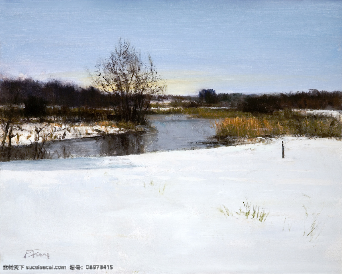 冬日 小河 雪景 油画 雪地 树林 野草 美丽风景 绘画 文化艺术 世界名画 书画文字