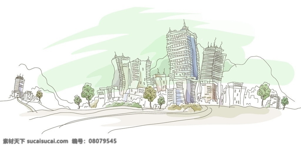 手绘 绿化 中 城市 建筑 景观 线条 线稿 白描 矢量 矢量图 城市建筑 建筑家居