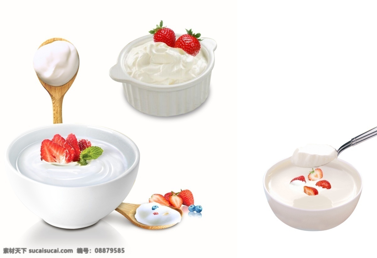 牛奶 摆设 草莓 酸奶 封面酸奶 木勺子 水果杯 碗 装饰 主图 海报素材 广告 白色