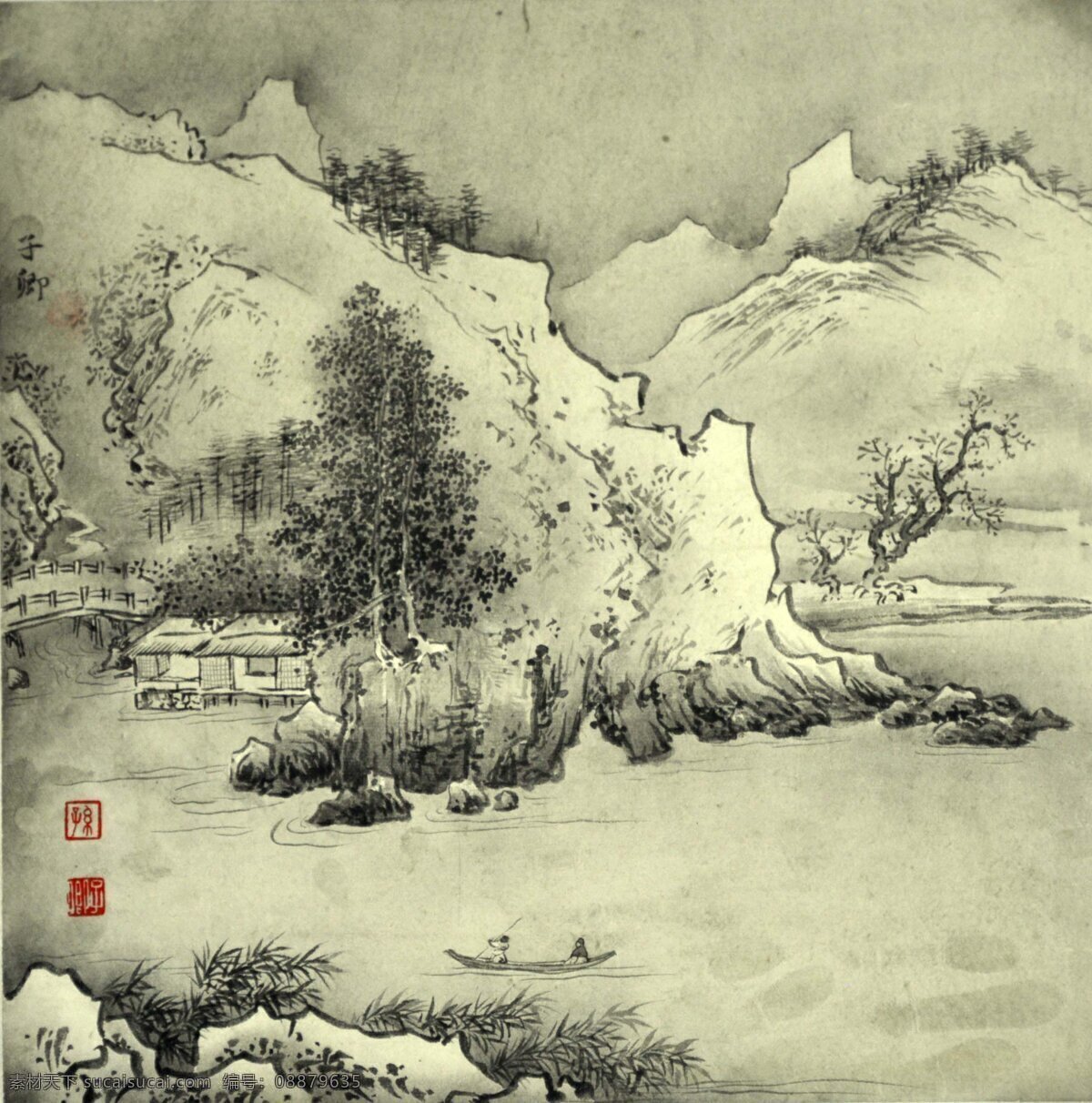 国画山水 国画 中国画 山水画 山水国画 写意画 彩墨山水画 书法 大师作品 风景画 写意 写意国画 国画写意 墨迹 水墨画 绘画 树木 植物 山峰 山 云雾 奇峰 溪水 瀑布 小河 河流 木屋 房子 小船 小舟 绘画书法 文化艺术