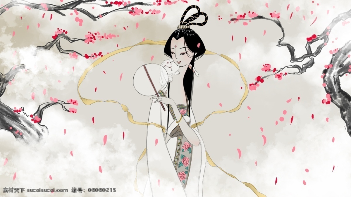 嫦娥 玉兔 中国 风 中秋节 插画 花瓣 壁纸 中国风 樱花 扇子 手机配图 文章配图