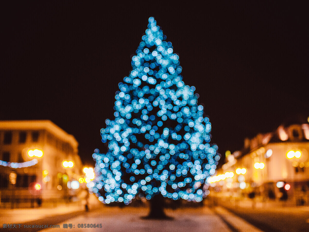 梦幻 蓝色 圣诞树 夜晚 圣诞 灯 街道