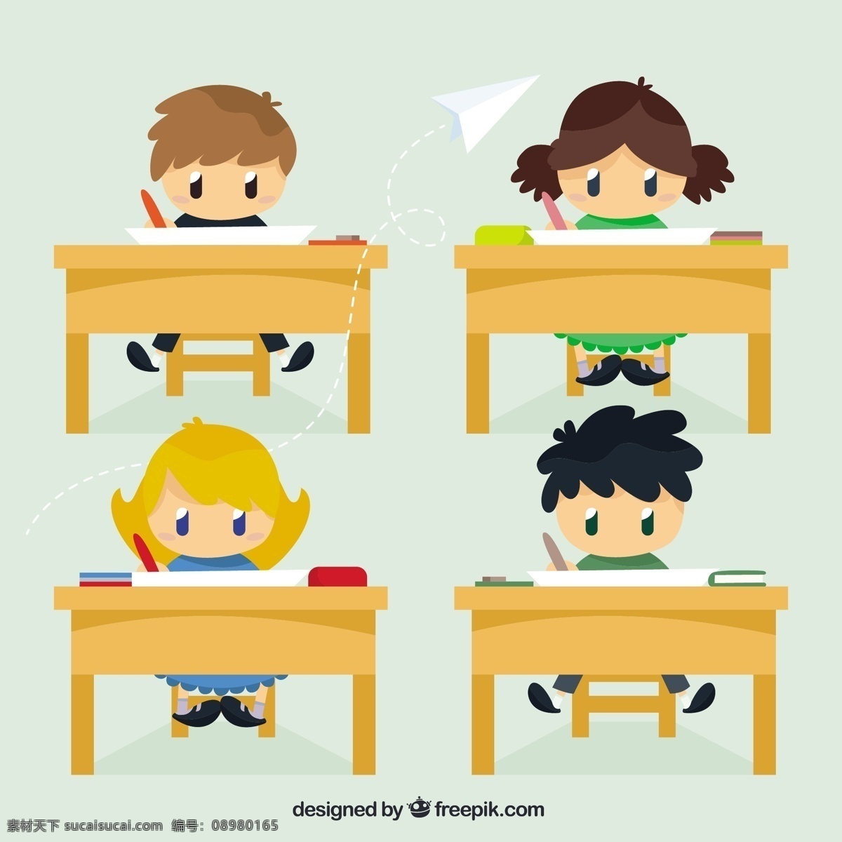可爱 孩子 教室 里 学校 儿童 教育 卡通 学生 快乐 平坦 性格 人 男孩 平面设计 大学 卡通人物 课堂 桌面 黄色
