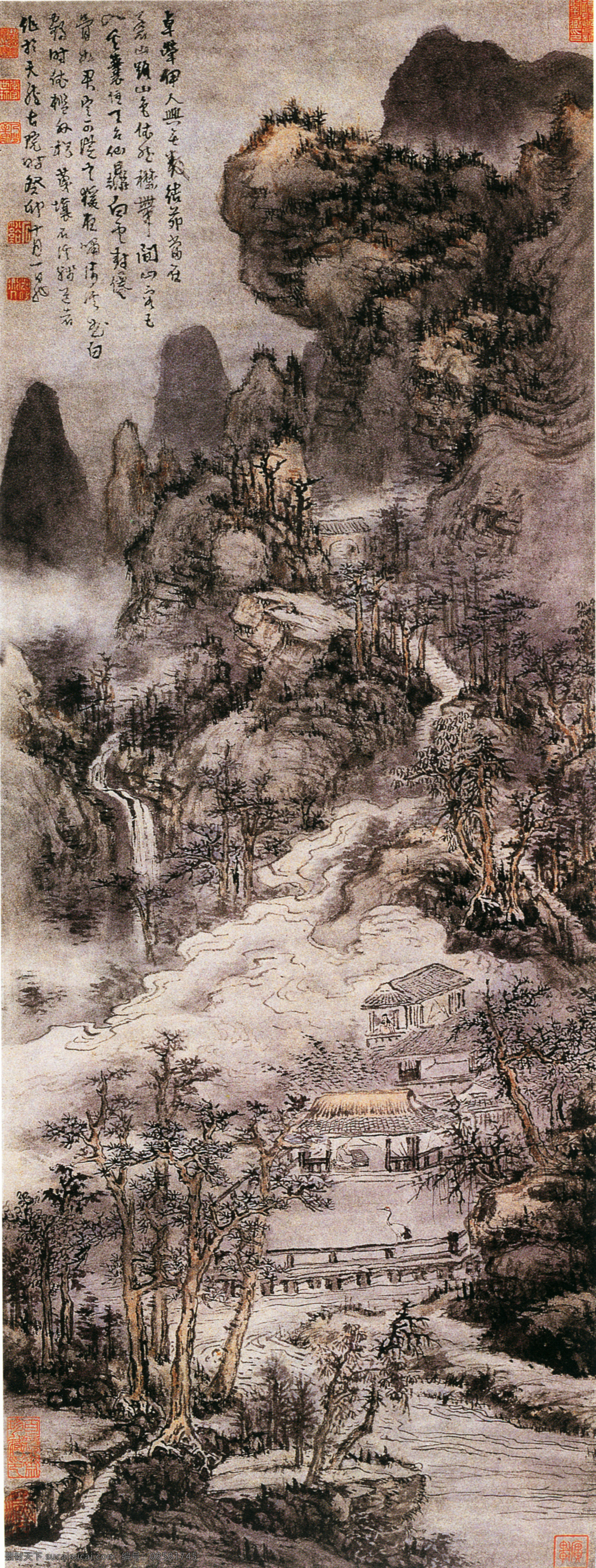 云房舞鹤图 云 房 舞 鹤 图 　 髡 残 立轴 房子 文化艺术 绘画书法 设计图库