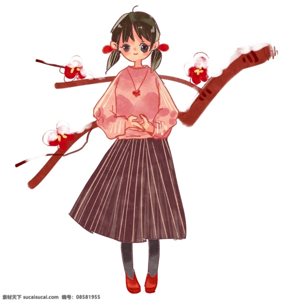 手绘 小寒 梅花 插画 红色的梅花 卡通插画 寒冷的季节 漂亮的女孩 手绘小寒插画 绽放的梅花