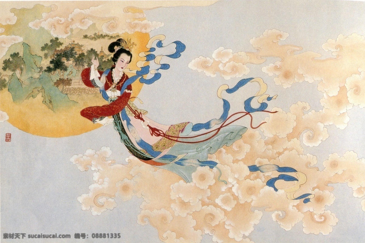 任率英 嫦娥奔月 国画 工笔画 美术 绘画 中国画 工笔重彩画 重彩年画 嫦娥 奔月 月宫 神话 仕女 仙女 佳丽 古代仕女 侍女 青春 美丽 表情 动作 姿态 服饰 发型 美女 飘带 云彩 艺术 绘画书法 文化艺术