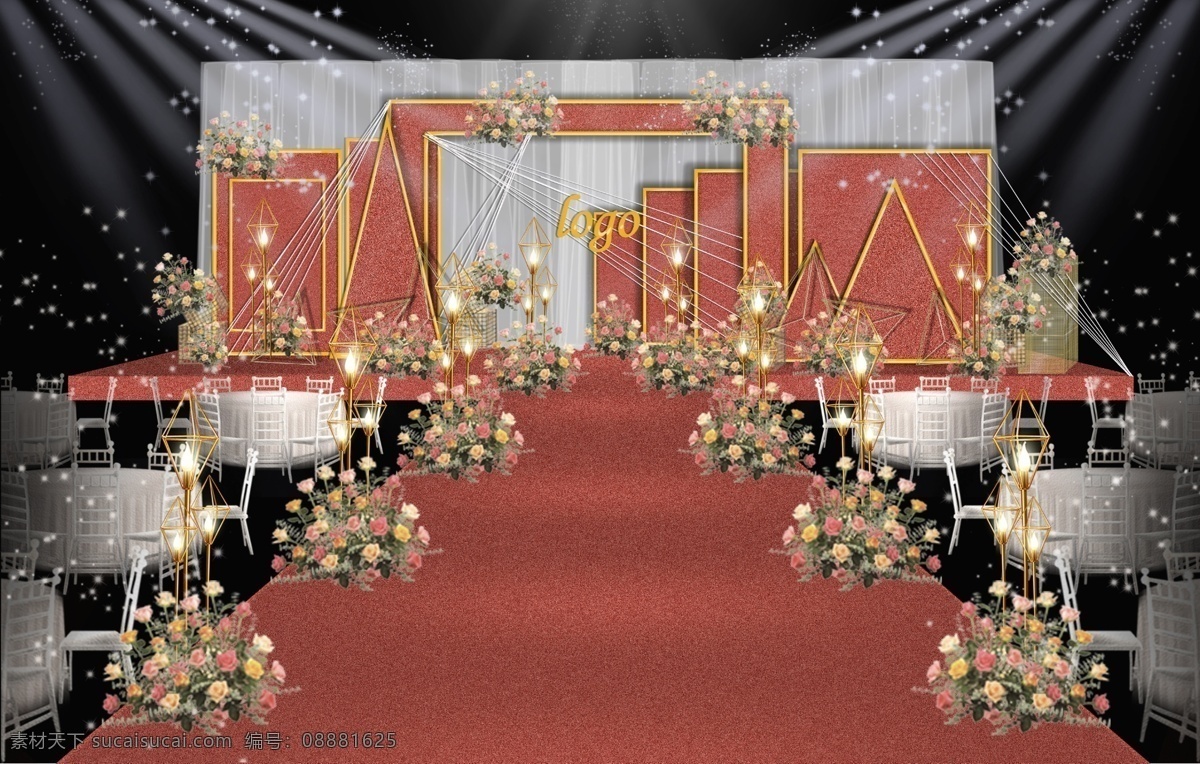 红色 质感 创意 几何 婚礼 舞台 效果图 白色布幔素材 铁丝网素材 钻石 灯 路 引 线帘 白色桌椅素材 创意几何结构 异形铁艺素擦 铁艺 方框 网格 黄粉 白色 花艺