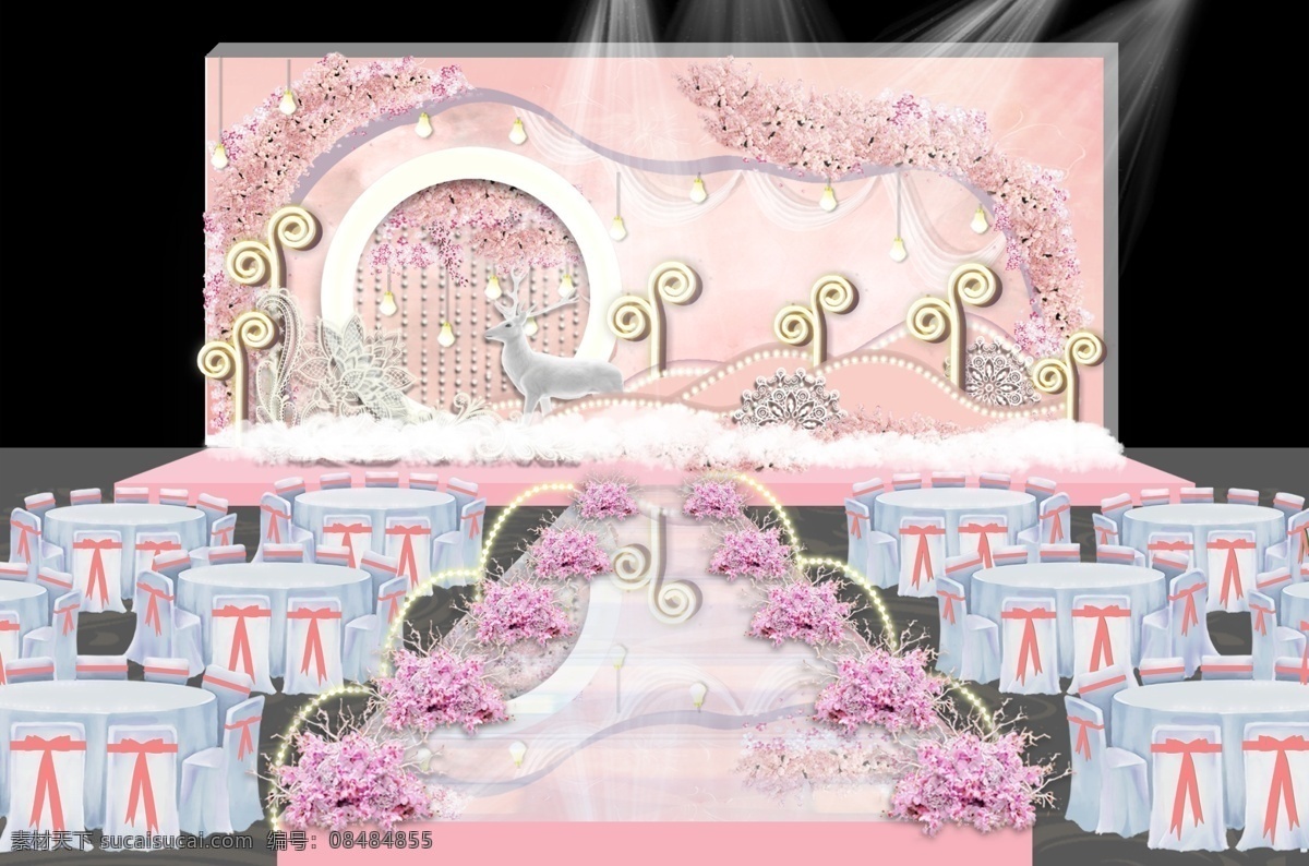 粉色 梦幻 婚礼 工装 效果图 鹿 樱花 不规则设计 月牙灯