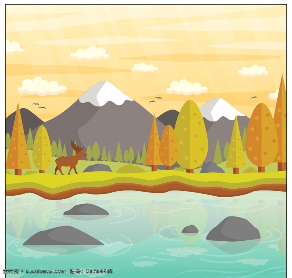 手绘 秋天 颜色 手 自然 山 绿色 叶 动物 秋 春 景观 地势平坦 树叶 树木 绘画 平面设计 驯鹿 环境